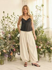 Aralina Women's Elegant Mid Rise Striped Balloon Pants Perfect For Christmas Party New Years And Thanksgiving Outfits - Beige - View 15