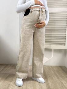 SHEIN Maternity High Waist Pockets Wide Leg Loose Casual Versatile Jeans - Khaki - View 3