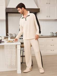 CoupledUp 男士休闲撞色拼接半拉链领长袖上衣和阔腿裤家居服套装，情侣睡衣套装，男士家居服睡衣套装，纯棉家居服，秋冬服装 - 杏色 - 查看 4