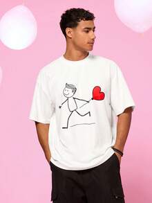 Manfinity VCAY 2pcs/Set Couple's Casual Loose Fit Cartoon Character & Heart Print Short Sleeve T-Shirt - White - View 6