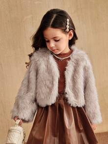 SHEIN Elladie kids Winter New Fashionable & Chic Girls Faux Fur Jacket, Tie Dye Fluffy High-End Short Thick Coat Fall