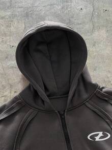 AXEPEAK 男士休闲印花拉链连帽卫衣，秋季款，长袖上衣 - 深灰色 - 查看 4