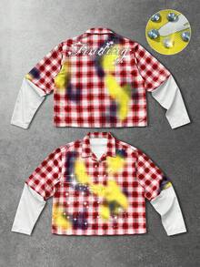 ROMWE MEN Street Life 男士秋季时尚格子拼接水钻装饰衬衫，长袖上衣 - 彩色 - 查看 1