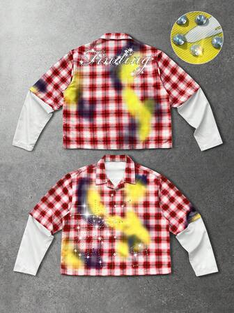 Camisa de hombre con parches a cuadros de moda de otoño con adornos de rhinestone