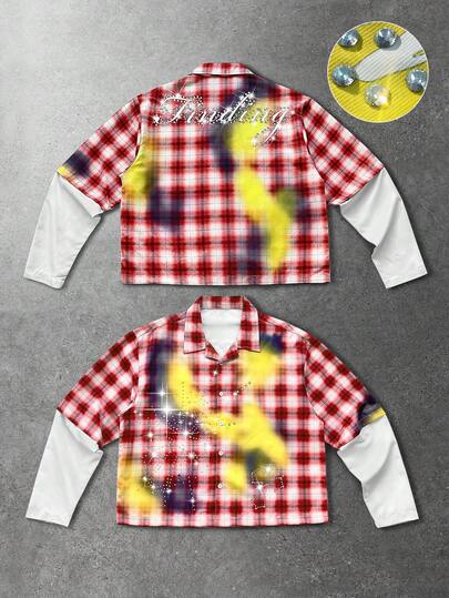 Street Life Camicia da uomo autunnale alla moda con patchwork a quadri e decorazioni in strass