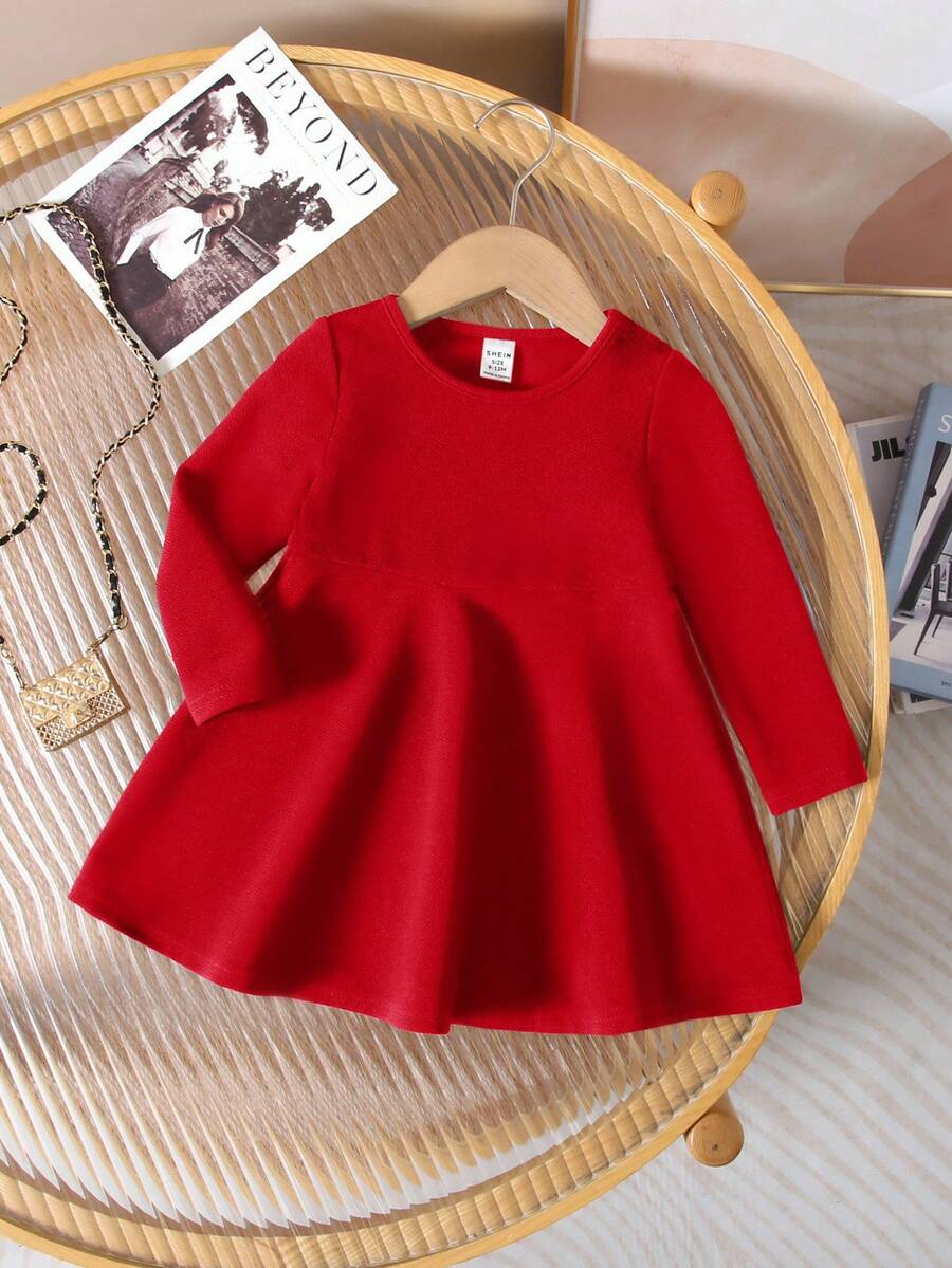 SHEIN Đầm dài tay đính nút màu xanh navy tối giản dễ thương cho bé gái, mùa thu/đông - Đỏ - Xem 1