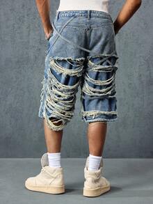ROMWE MEN Street Life Men's Distressed Denim 3/4 Length Blue Shorts - Blue - View 9