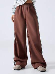 LYSMO 2025 Nouveaux arrivages Pantalon de sport décontracté femme minimaliste marron à rayures colorées larges avec doublure thermique pour sortir, streetwear et collection de style Stockholm élégante pour le Nouvel An et Noël - Marron fonçé - Voir 5