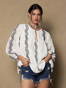 Freevana Plus Size Boho Floral Embroidery White Top Vintage Country - White - View 4