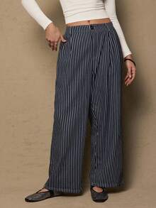 SHEIN VCAY Plus Size Striped Casual Pants Stripe Pants Women Wide Leg Pants Western - Blue and White - View 4