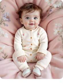 SHEIN Baby Mädchen Blumen Stickerei Knopfleiste Rundhals Langarm Romper Herbst Winter Kleidung für Frauen - Beige - Übersicht 1
