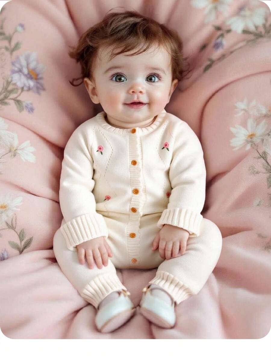 SHEIN Baby Mädchen Blumen Stickerei Knopfleiste Rundhals Langarm Romper Herbst Winter Kleidung für Frauen - Beige - Übersicht 1