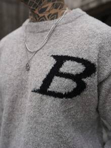 Artur Kramer Oversized Casual Couple Loose Knit Pullover Sweater With English Text, Minimalist Design, Warm For Autumn/Winter, Unisex