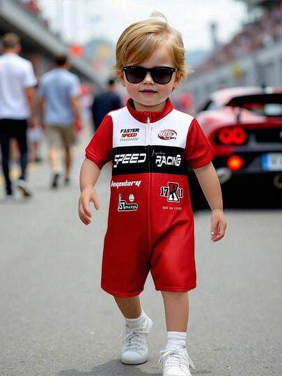 SHEIN Newborn Baby Boy/Girl Casual Sports Chic Knit Patchwork Letter Print Polo Collar Short Sleeve Romper, Suitable For Spring/Summer Wear Indoor And Outdoor