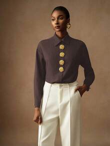 Vesra Blus Wanita Lengan Panjang Elegan Warna Polos Motif Bunga dengan Kancing - Chocolate Brown - View 5