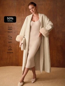 MOTF PREMIUM WOOL SHAWL COLLAR FUZZY CUFF BELTED OVERCOAT - Beige - View 2