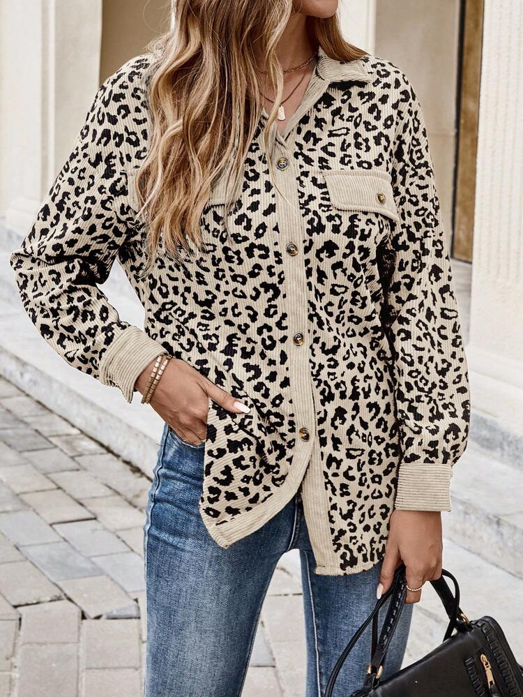 Plus Size Women Leopard Print Patchwork Shirt Style Jacket, Autumn/Winter