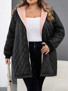 SHEIN CURVE+ Áo khoác dài tay có mũ trùm đầu màu đen và hồng tương phản hàng ngày dành cho nữ cỡ lớn, lót nhiệt dày, thoải mái, trang phục mùa đông cho nữ, áo khoác ngoài cổ điển - màu đen - Xem 3