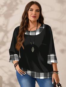 EMERY ROSE Plus Size Women Casual All-Over Print Round Neck Loose 3/4 Sleeve Shirt, Autumn/Winter - Multicolor - View 7