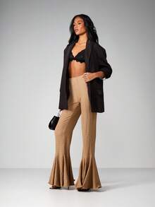 MISSGUIDED Quần ống loe ống loe ống rộng cạp cao kiểu Palazzo họa tiết nhăn quần dự tiệc cưới buổi tối trang trọng - Màu Khaki - Xem 4