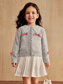 SHEIN Young Girl Cute Gray Cardigan Knit Sweater With Floral Lace Collar, Patchwork Long Sleeve, Bow Button Front Girl Cardigan Sweater Lace Collar Cardigan Fall Winter - Light Grey - View 5