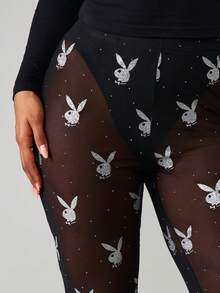 Missguided x Playboy 兔子图案印花紧身裤，全长弹力，适合节日派对和休闲穿着 - 黑色 - 查看 4