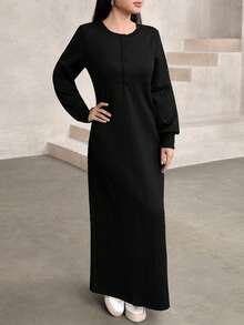 Graceveil 女士休闲纹理面料圆领宽松长款卫衣，绿色，秋冬 - 黑色 - 查看 4