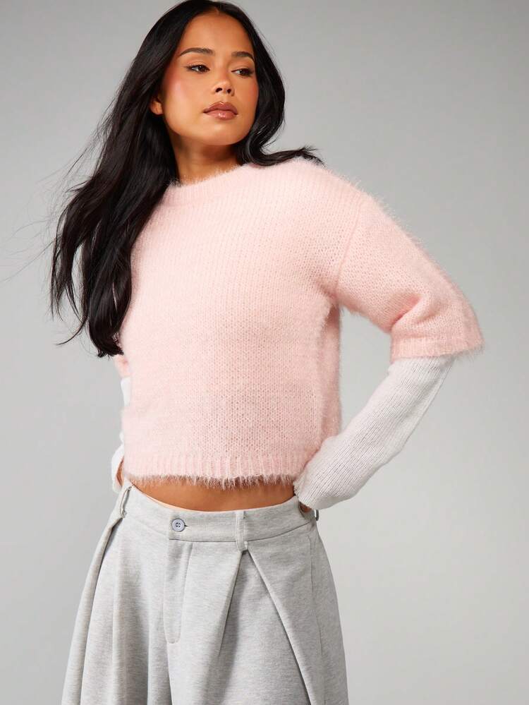 MISSGUIDED Oversized Fuzzy Knit Sweater With Ribbed Sleeves Fall Winter Cozy Pullover