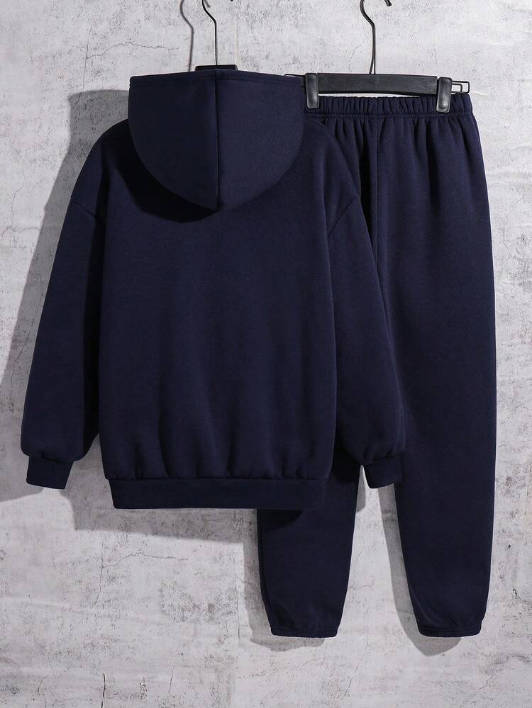 SHEIN 2件套青少年男童宽松印花连帽衫和运动裤套装，休闲装，适合通勤、上学、日常、度假、运动，四季皆宜 - 藍色 - 查看 2