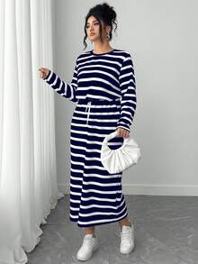 Elenzga 大码女式休闲通勤条纹长袖连衣裙 - 藍色 - 查看 5