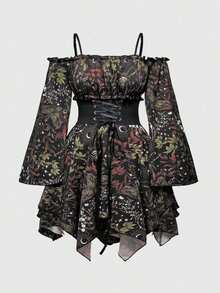 ROMWE Goth Plus Size Asymmetric Hem Off-Shoulder Flare Sleeve Dress With Sun, Moon, Star, Insect & Floral All-Over Print And Waist Tie - Multicolor - View 1