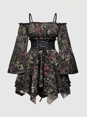 Goth Asymmetrischer Saum Off-Shoulder Kleid mit weiten Ärmeln in Große Größen mit Sonne, Mond, Stern, Insekten und Blumen Allover-Muster und Taille-Bindung