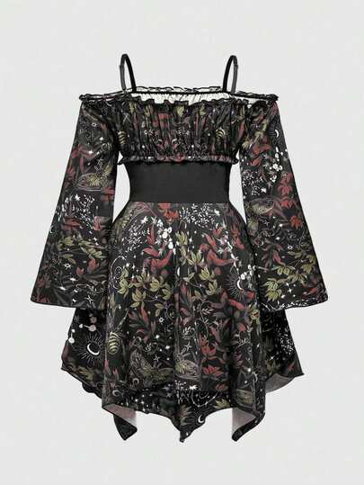 Goth Plus Size Asymmetric Hem Off-Shoulder Flare Sleeve Dress With Sun, Moon, Star, Insect & Floral All-Over Print And Waist Tie