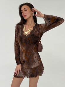 Aloruh Vestido mini de manga larga con estampado minimalista casual y parches de encaje para mujer - Marrón - Ver 6
