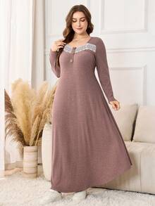 Lacomfia 大码纯色长袖针织秋冬罗纹长款休闲蕾丝边连衣裙 - 藕粉色 - 查看 5