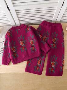 Elladie kids 年轻女孩时尚复古别致舒适针织毛衣套装 - 玫紅色 - 查看 2