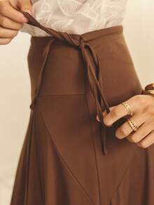 Aralina 女士低腰不对称手帕下摆不对称缝线细节针织棕色半身裙 秋冬简约纯色不对称下摆半身裙 巧克力棕色半身裙 棕色中长半身裙 棕色裹身半身裙 系带腰身可爱度假外出乡村风半身裙 飘逸半身裙 - 棕色 - 查看 6