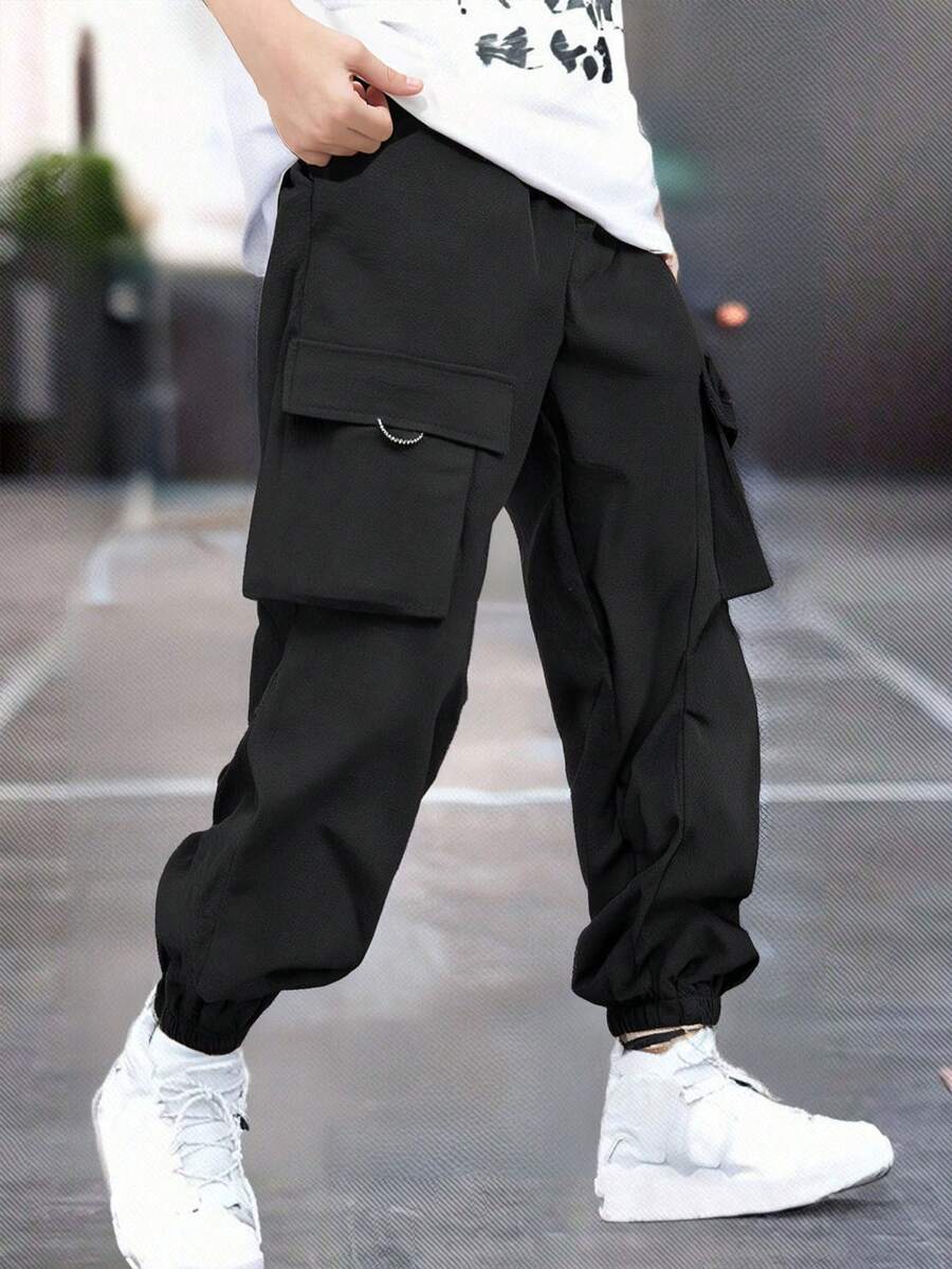 SHEIN 青少年男孩宽松纯色抽绳腰运动裤 - 黑色 - 查看 1