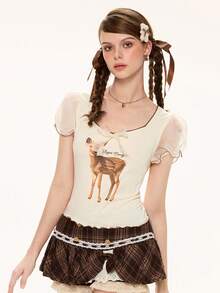 ROMWE Kawaii 可爱小鹿印花蝴蝶结装饰安妮女王领口女式T恤 - 杏色 - 查看 5