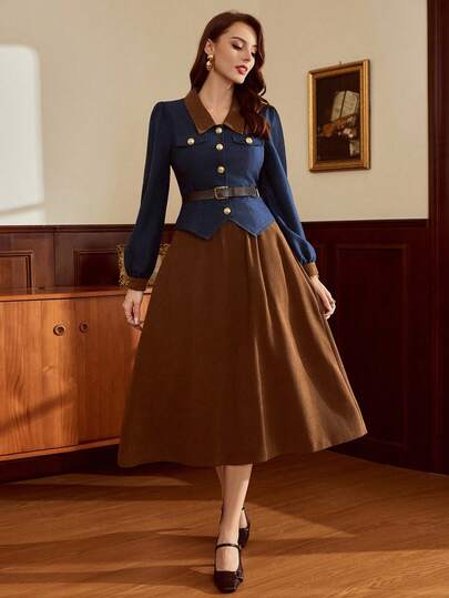 Vintamour 复古优雅女式两件套，带口袋 金属纽扣衬衫 A 字裙 休闲度假装 女教师装 女秋装 女秋装 度假装 女冬装 商务休闲女装 女式优雅办公室装 女式牛仔装 女式优雅连衣裙 女式西装装 女式秋季连衣裙 女式秋季装 返校节礼服