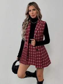 Elyressa Bộ vest và váy kẻ caro thời trang cho người đi làm - Màu Đỏ Sâu - Xem 3