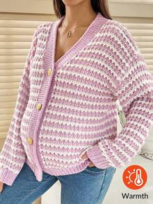 SHEIN Maternity Casual Striped Drop Shoulder Cardigan, Autumn/Winter Pink Crochet Cardigan Button Up Cardigan Women Crochet Cardigan Sweater Cardigan Summer Cardigan