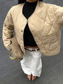 SHEIN Unity Casual Versatile Quilted Gourd Pocket Jacket, Winter - Khaki - View 1