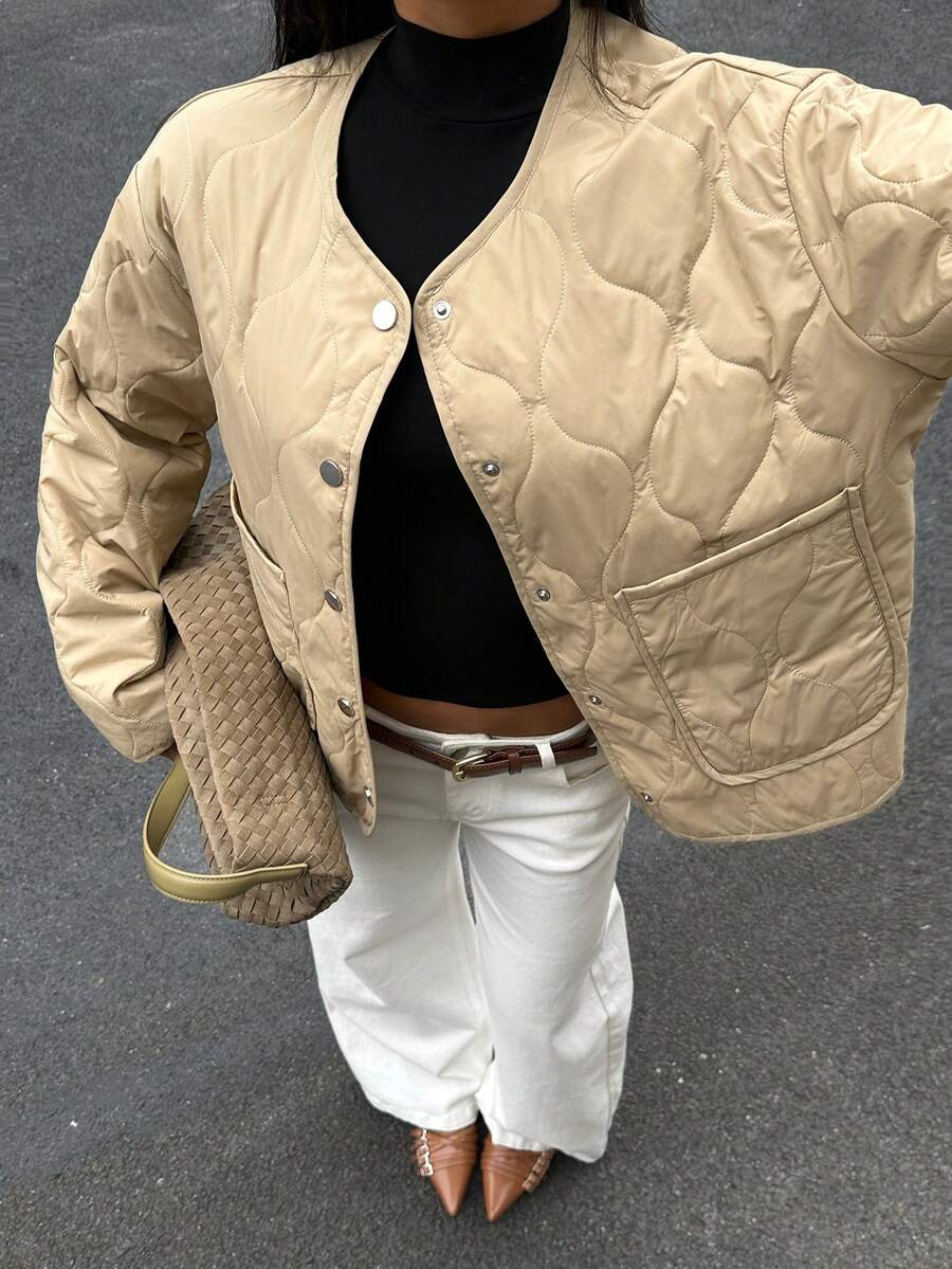 SHEIN Unity Casual Versatile Quilted Gourd Pocket Jacket, Winter - Khaki - View 1