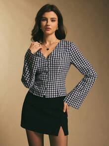 Poéselle Women's Gingham Tie-Back Blouse – V-Neck Button-Front Peplum Top With Flared Sleeves Ingham Blouse Tie Back Top Women Peplum Button Down V Neck Shirt Female Cottagecore Top Flare Sleeve Blouse Waist Cinching Shirt Checkered Fashion Women's V-Neck Raglan Sleeve Button Front Plaid Casual Cropped Shirt  Checkered Top - Blue and White - View 7