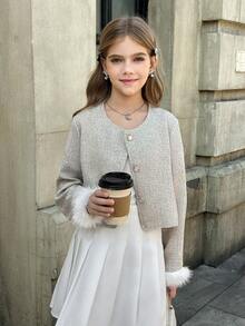 Girls Short Fluffy Elegant White Faux Fur Jacket, Autumn/Winter