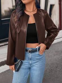 SHEIN PETITE 娇小女式休闲街头风短款PU皮夹克