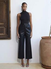 Dancing Leopard 黛娜黑色PU长裤，女士长裤，女士阔腿裤，女士夏季服装，女士职业装，女士休闲装，度假装，活动裤，女士办公室服装，女士度假装 - 黑色 - 查看 5