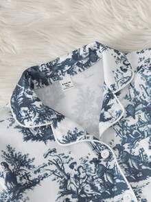 SHEIN 少女睡衣套装，蓝白树印花，翻领长袖。 - 藍白色 - 查看 7