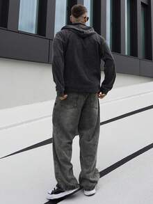 Artur Kramer 1 件男士宽松水洗牛仔休闲阔腿牛仔裤，韩版和日系风格 - 灰色 - 查看 5